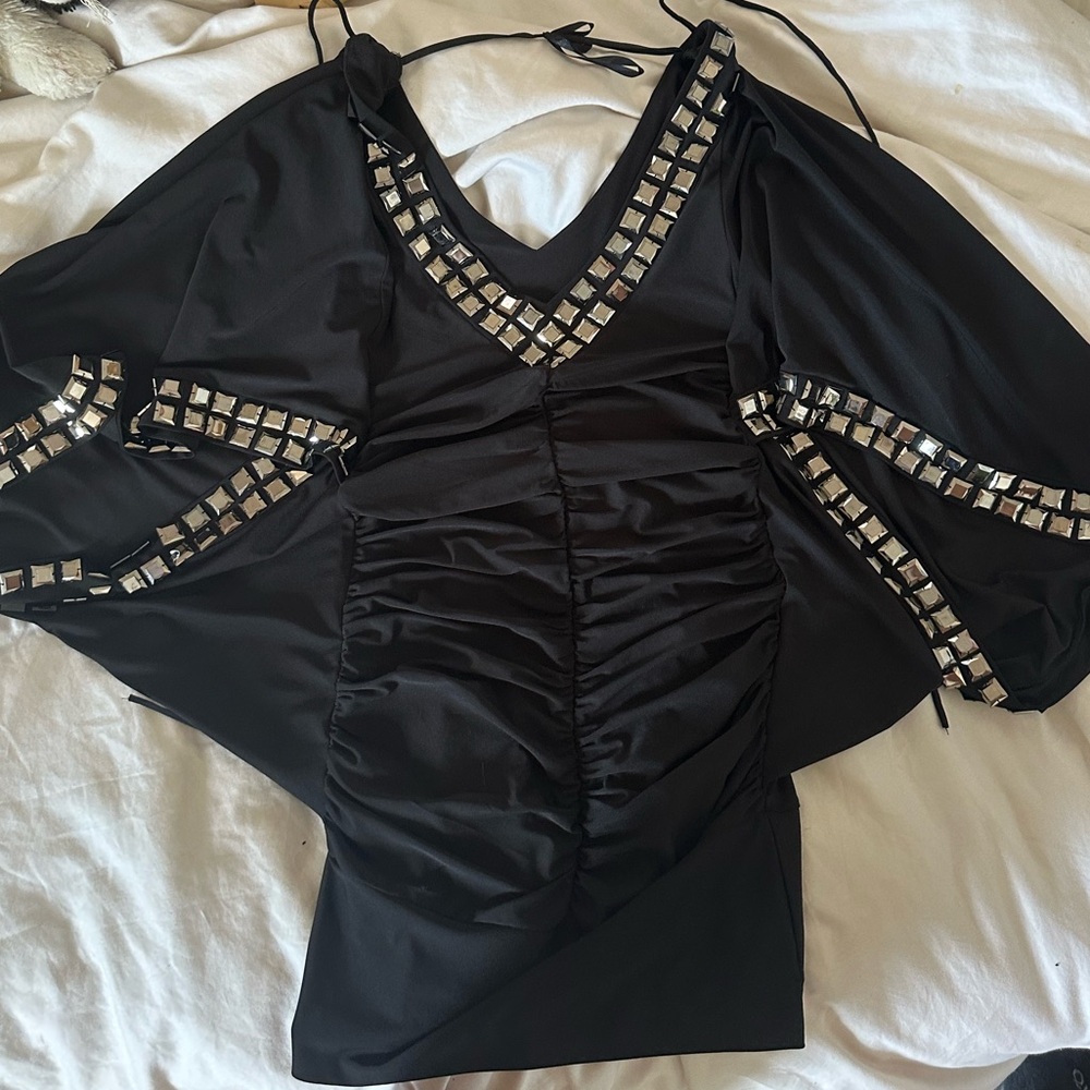 Ruched Black Mini Dress with Silver Accents